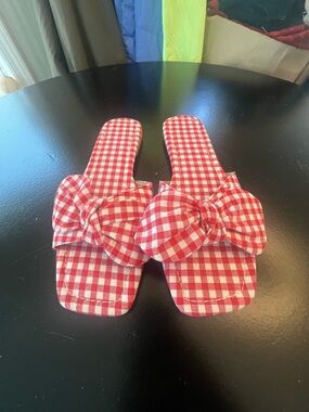 SHEIN Red Gingham Bow Slide Sandals